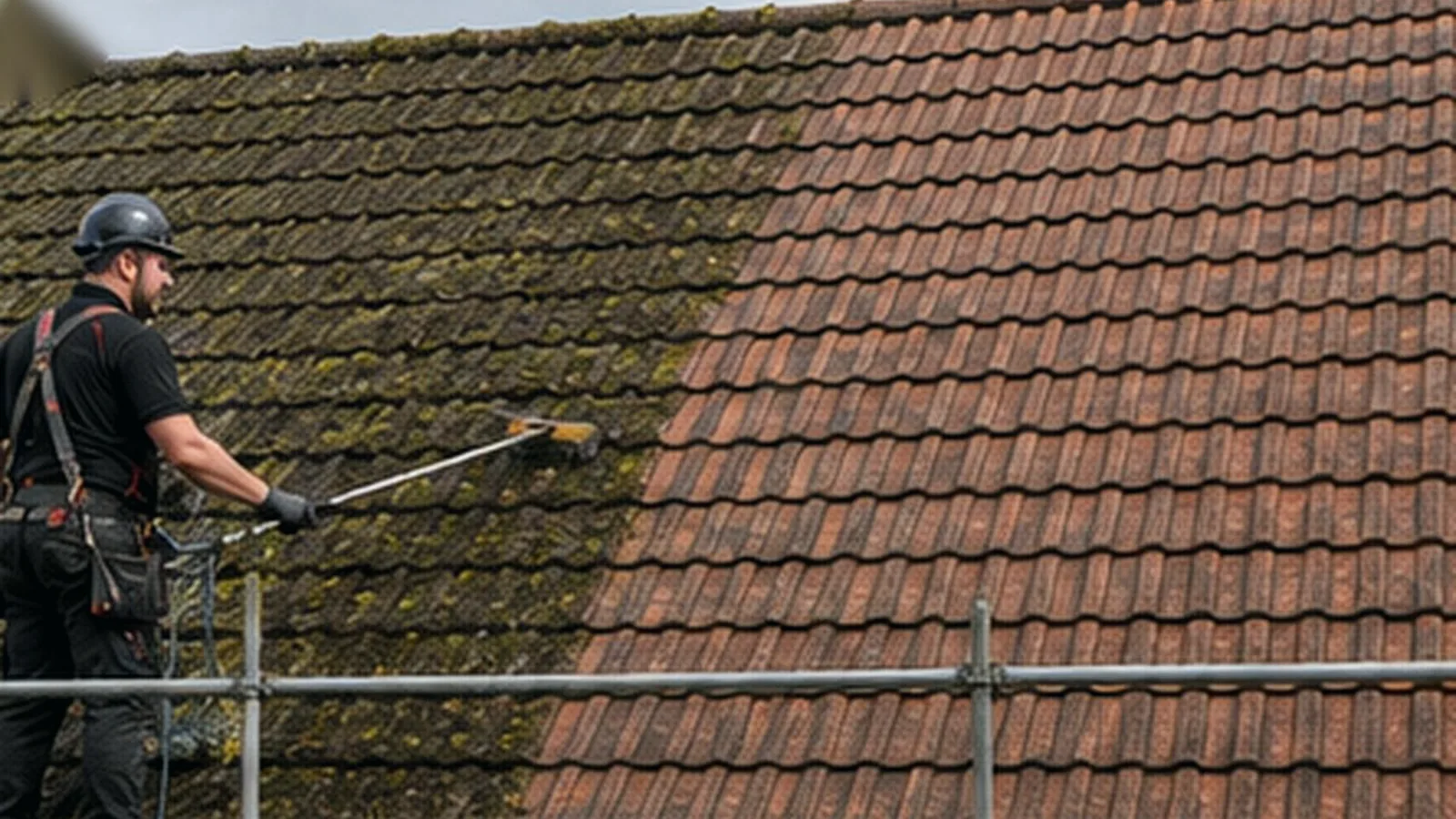 Moss being removed from a roof in Amersham