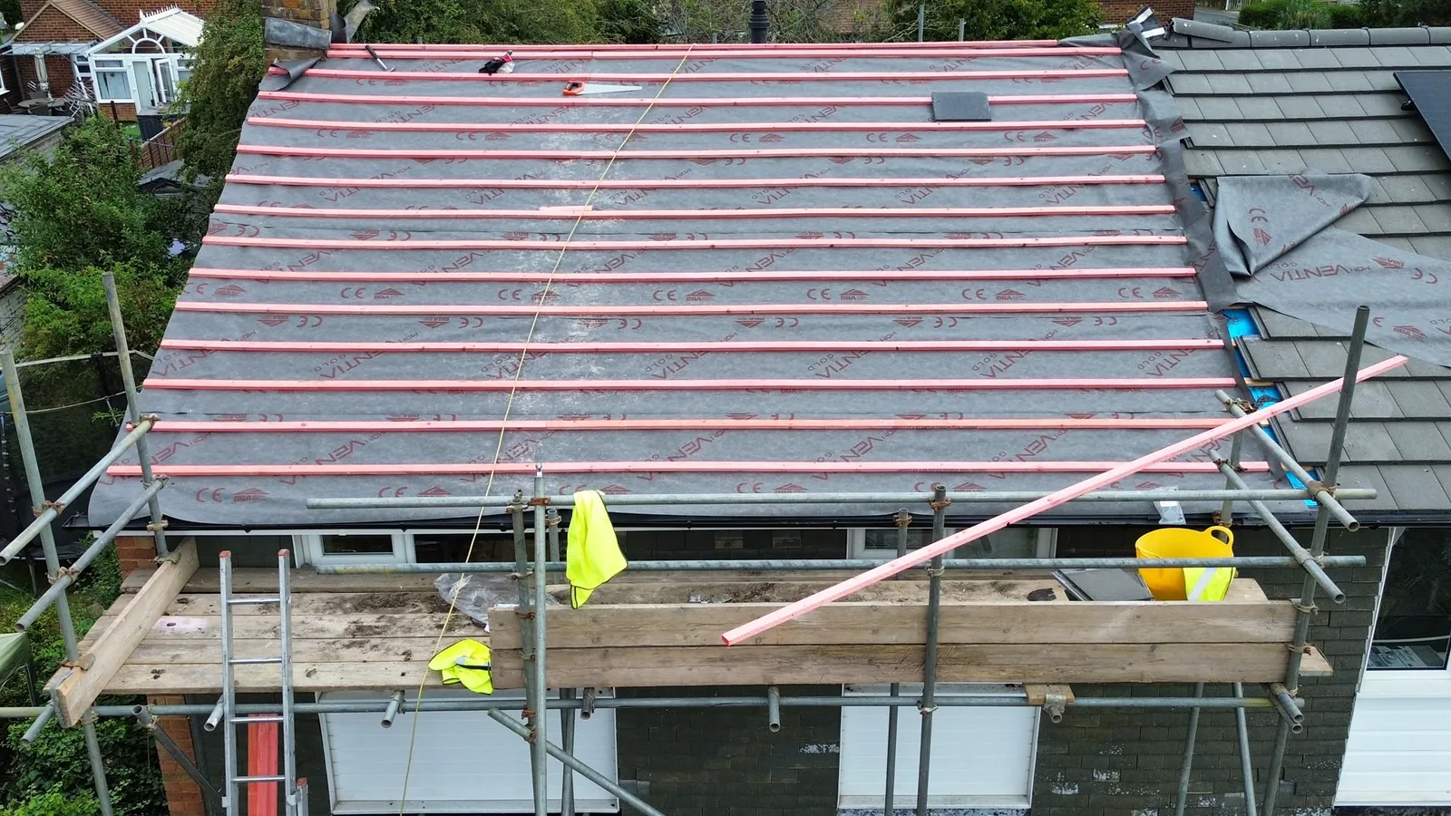 Re-roof in progress with new breathable membrane and battens